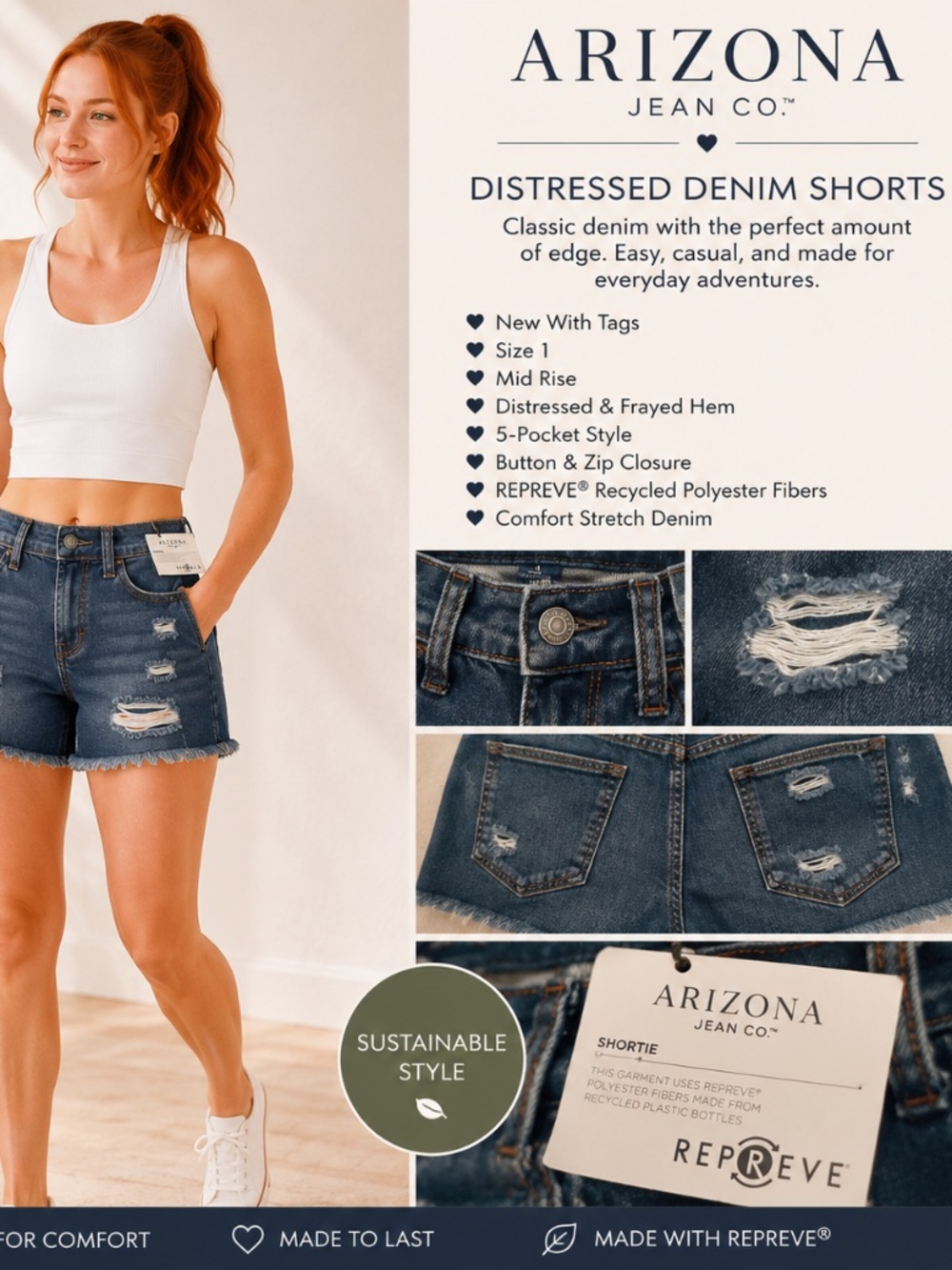 NWT Arizona Jean Co Shortie Distressed Denim Shorts Size 1 High Rise Stretch